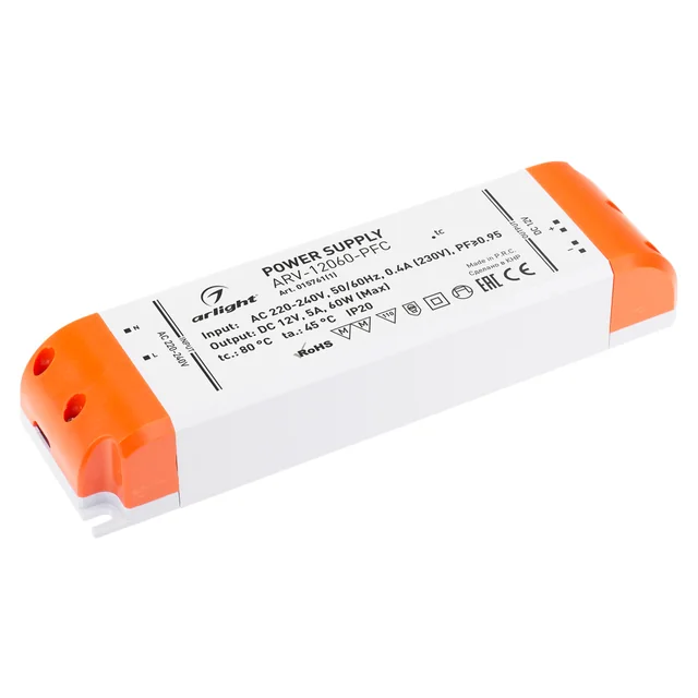 Блок питания ARV-12060-PFC (12V, 5A, 60W) (Arlight, IP20 Пластик, 2 года), артикул 015761(1)