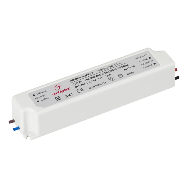 Блок питания ARPV-LV24035-A (24V, 1.5A, 35W) (Arlight, IP67 Пластик, 3 года), артикул 018980(1)