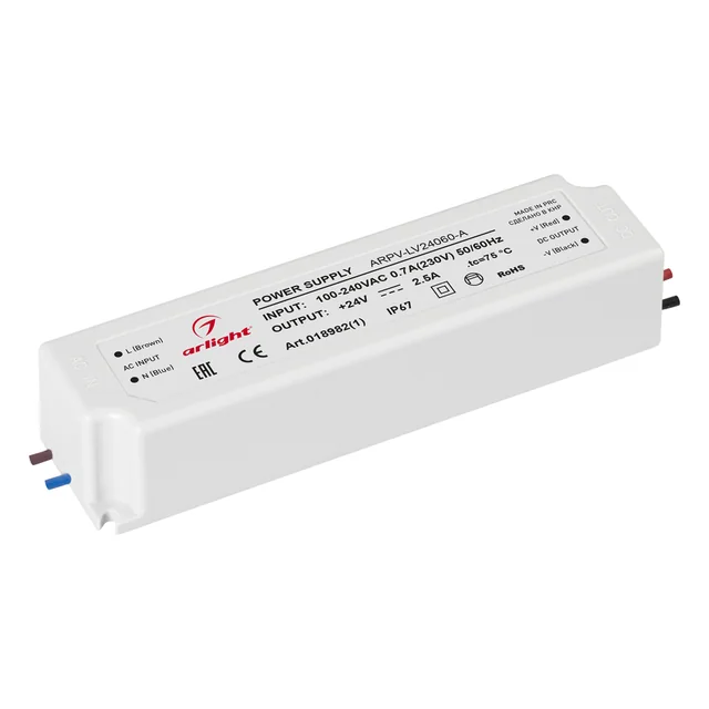 Блок питания ARPV-LV24060-A (24V, 2.5A, 60W) (Arlight, IP67 Пластик, 3 года), артикул 018982(1)