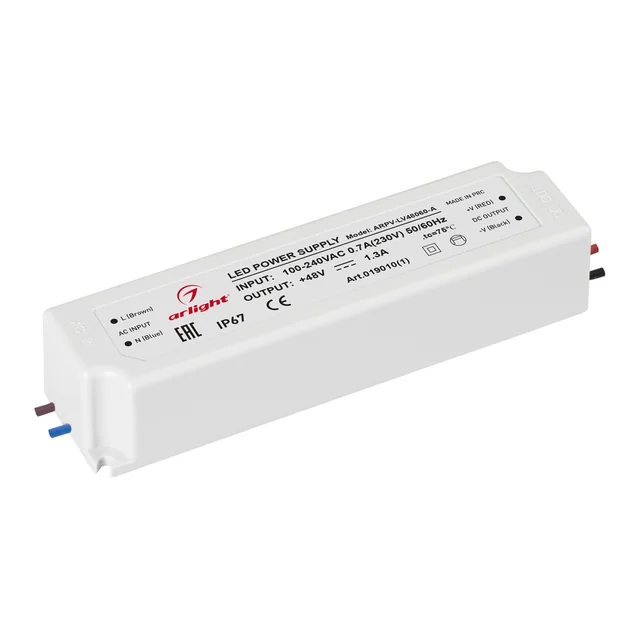 Блок питания ARPV-LV48060-A (48V, 1.3A, 60W) (Arlight, IP67 Пластик, 3 года), артикул 019010(1)