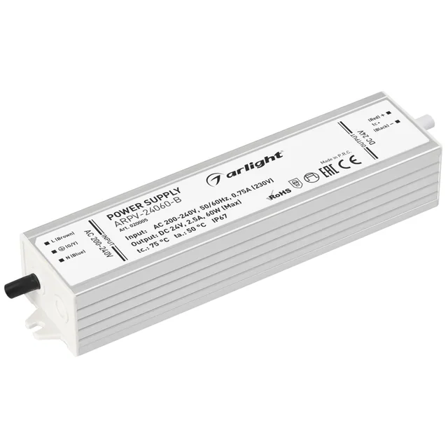 Блок питания ARPV-24060-B (24V, 2.5A, 60W) (Arlight, IP67 Металл, 3 года), артикул 020005