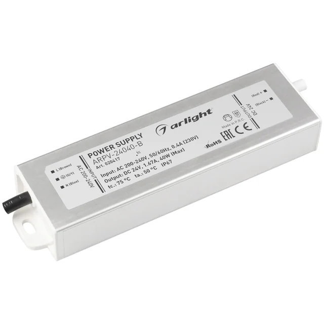 Блок питания ARPV-24040-B (24V, 1.7A, 40W) (Arlight, IP67 Металл, 3 года), артикул 020417