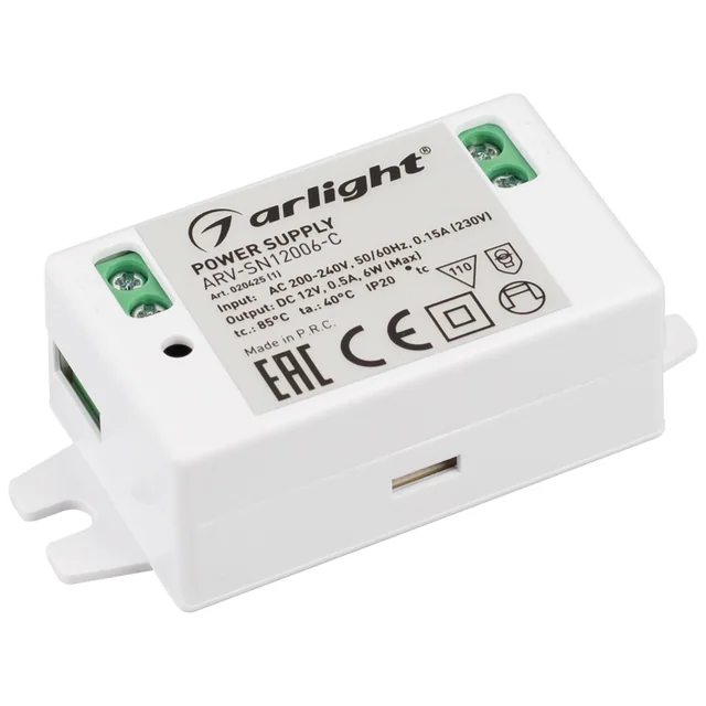 Блок питания ARV-SN12006-C (12V, 0.5A, 6W) (Arlight, IP20 Пластик, 3 года), артикул 020425(1)