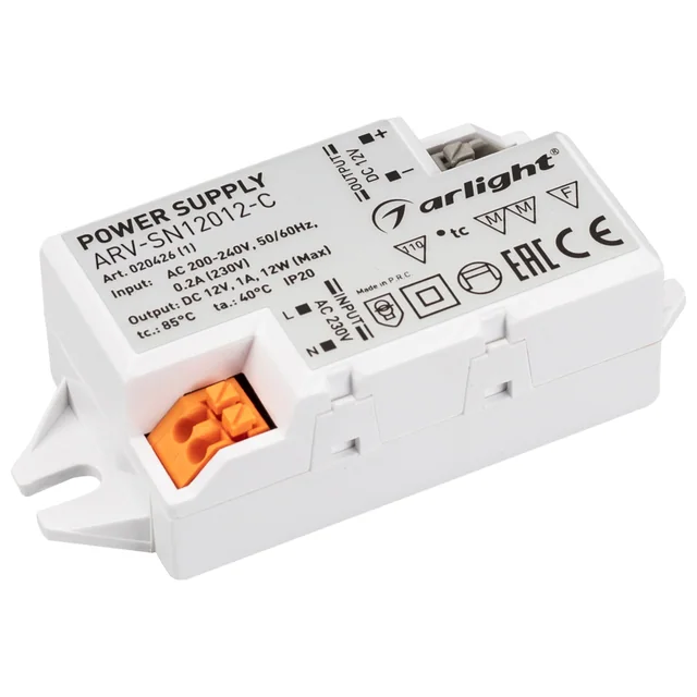Блок питания ARV-SN12012-C (12V, 1A, 12W) (Arlight, IP20 Пластик, 3 года), артикул 020426(1)