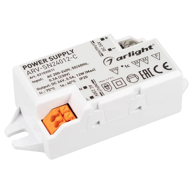 Блок питания ARV-SN24012-C (24V, 0.5A, 12W) (Arlight, IP20 Пластик, 3 года), артикул 021020(1)