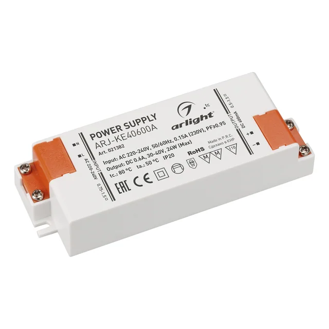 Блок питания ARJ-KE40600A (24W, 600mA, PFC) (Arlight, IP20 Пластик, 5 лет), артикул 021382