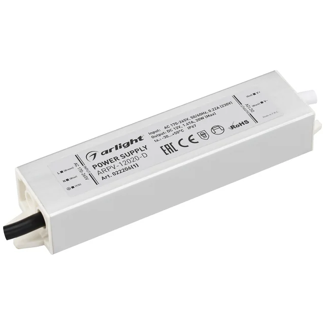 Блок питания ARPV-12020-D (12V, 1.7A, 20W) (Arlight, IP67 Металл, 3 года), артикул 022206(1)
