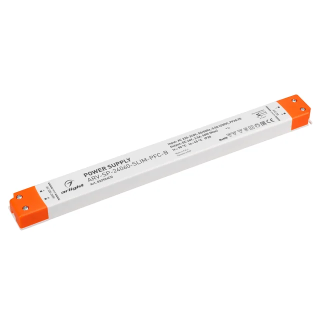 Блок питания ARV-SP-24060-SLIM-PFC-B (24V, 2.5A, 60W) (Arlight, IP20 Пластик, 5 лет), артикул 022924(3)