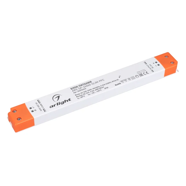 Блок питания ARV-SP-24060-SLIM-PFC (24V, 2.5A, 60W) (Arlight, IP20 Пластик, 5 лет), артикул 022924(4)