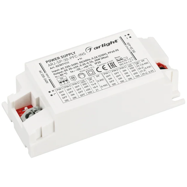 Блок питания ARJ-SP-30-PFC-INS (30W, 25-42V, 0.35-0.7A) (Arlight, IP20 Пластик, 5 лет), артикул 023071(1)