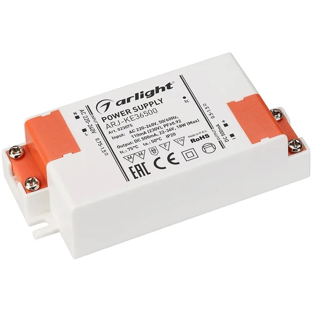 Блок питания ARJ-KE36500 (18W, 500mA, PFC) (Arlight, IP20 Пластик, 5 лет), артикул 023075