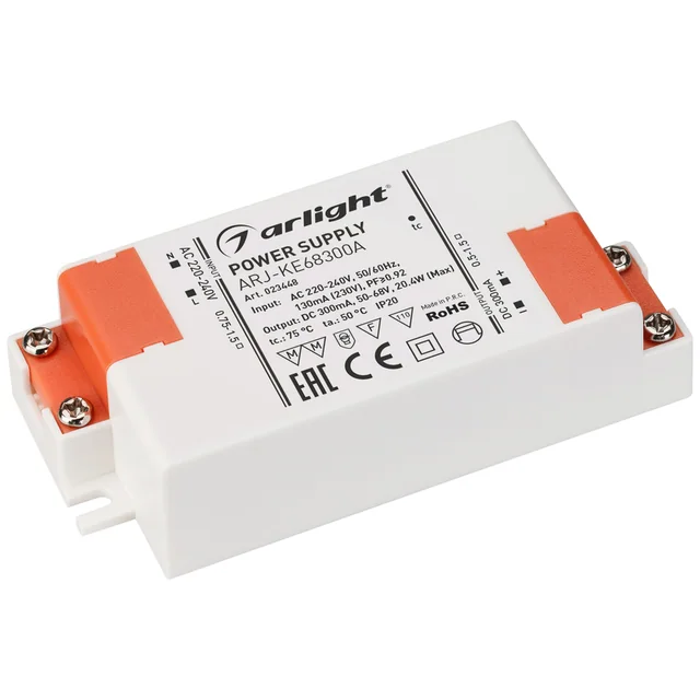 Блок питания ARJ-KE68300A (20W, 300mA, PFC) (Arlight, IP20 Пластик, 5 лет), артикул 023448