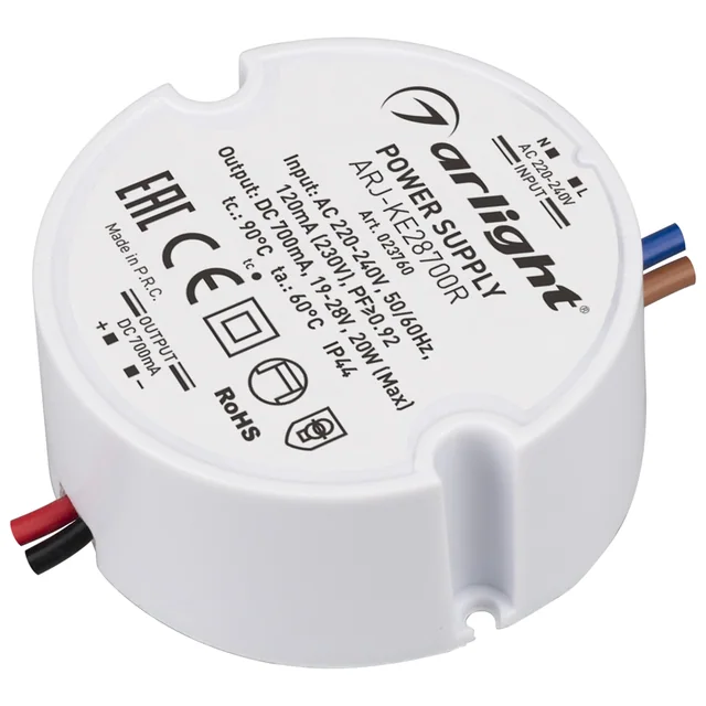 Блок питания ARJ-KE28700R (20W, 700mA, PFC) (Arlight, IP44 Пластик, 5 лет), артикул 023760