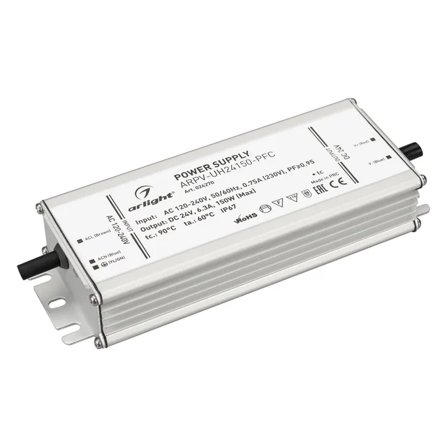 Блок питания ARPV-UH24150-PFC (24V, 6.3A, 150W) (Arlight, IP67 Металл, 7 лет), артикул 024270