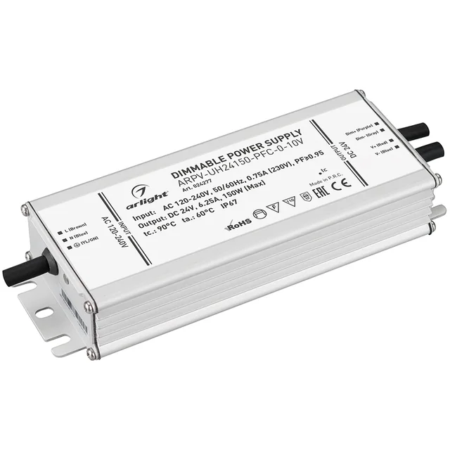 Блок питания ARPV-UH24150-PFC-0-10V (24V, 6.3A, 150W) (Arlight, IP67 Металл, 7 лет), артикул 024277