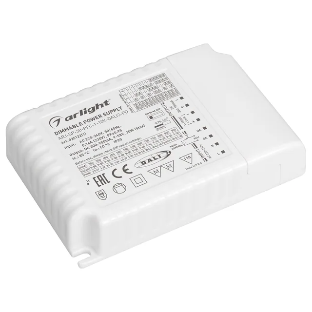 Блок питания ARJ-SP-30-PFC-1-10V-DALI2-PD (30W, 300-900mA) (Arlight, IP20 Пластик, 5 лет), артикул 025122(1)