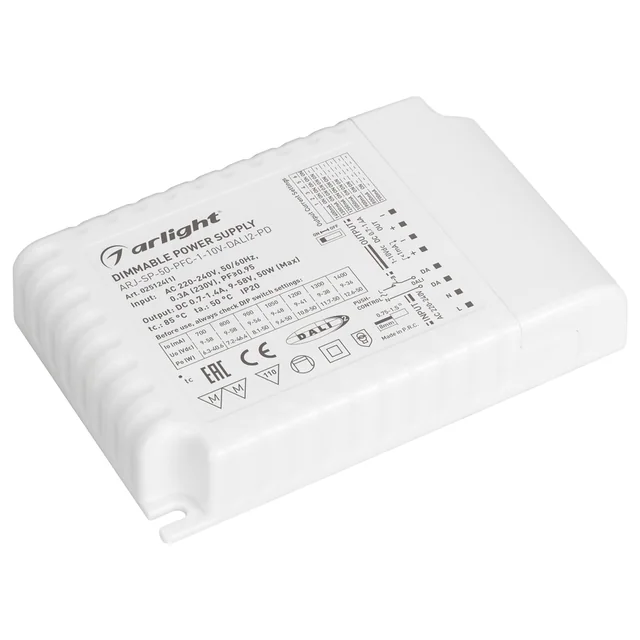 Блок питания ARJ-SP-50-PFC-1-10V-DALI2-PD (50W, 700-1400mA) (Arlight, IP20 Пластик, 5 лет), артикул 025124(1)