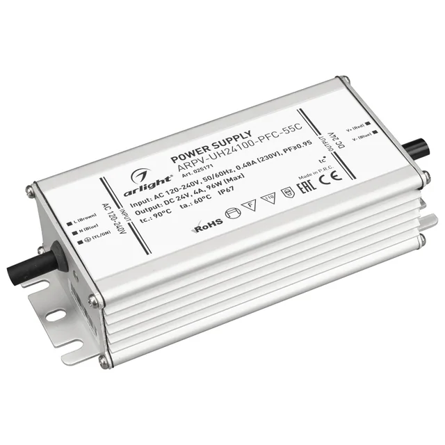 Блок питания ARPV-UH24100-PFC-55C (24V, 4.2A, 100W) (Arlight, IP67 Металл, 5 лет), артикул 025171
