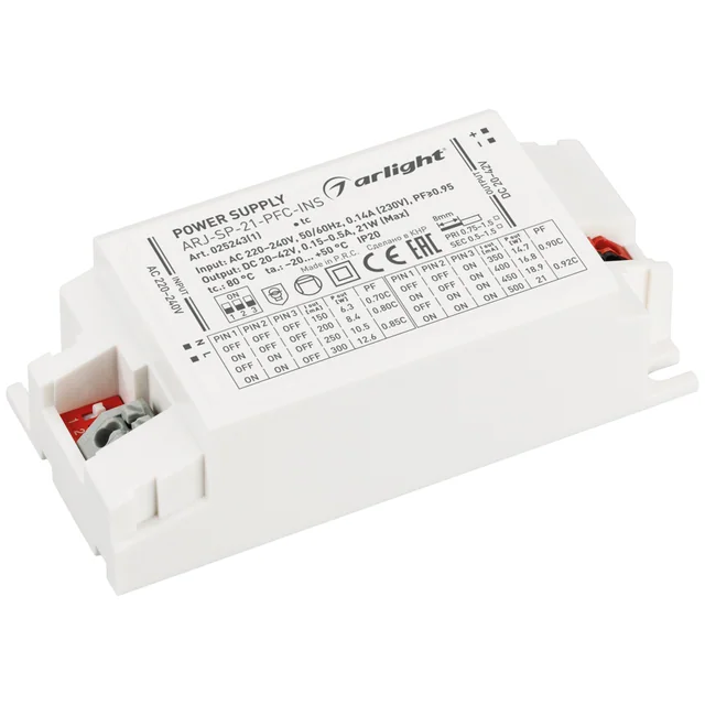 Блок питания ARJ-SP-21-PFC-INS (21W, 20-42V, 0.15-0.5A) (Arlight, IP20 Пластик, 5 лет), артикул 025243(1)