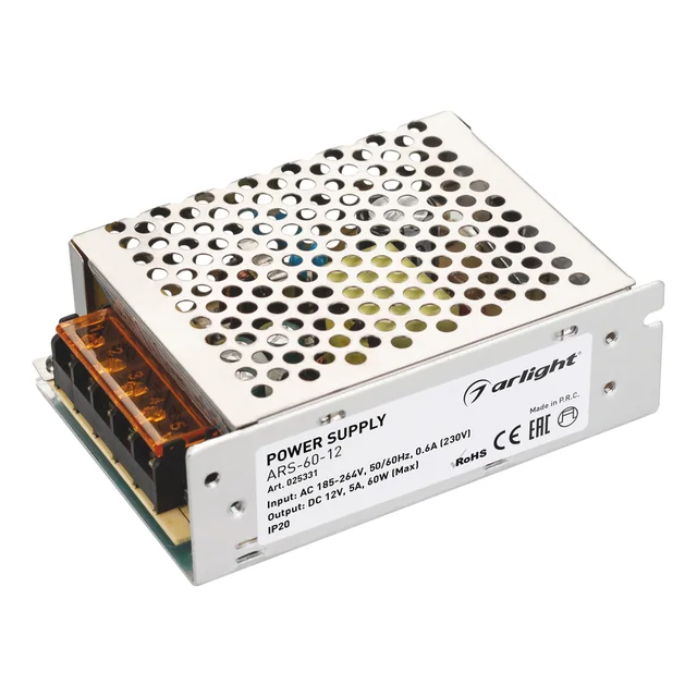 Блок питания ARS-60-12 (12V, 5A, 60W) (Arlight, IP20 Сетка, 2 года), артикул 025331