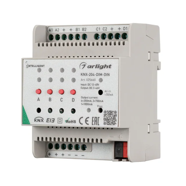 INTELLIGENT ARLIGHT Диммер KNX-204-DIM-DIN (12-48V, 8x0.35/4x0.7/2x1A) (IARL, IP20 Пластик, 2 года), артикул 025660