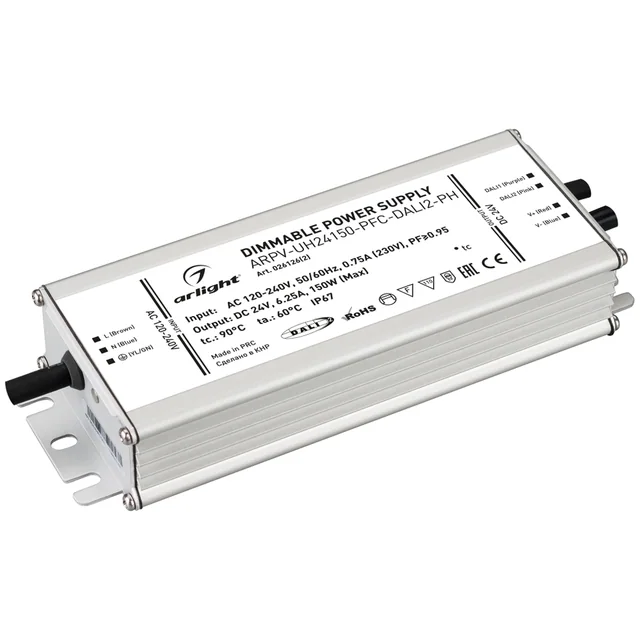 Блок питания ARPV-UH24150-PFC-DALI2-PH (24V, 6.3A, 150W) (Arlight, IP67 Металл, 7 лет), артикул 026126(2)