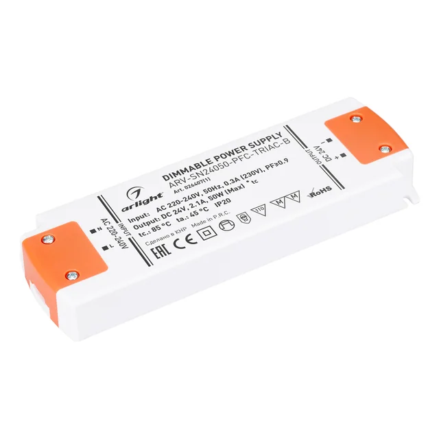 Блок питания ARV-SN24050-PFC-TRIAC-B (24V, 2.1A, 50W) (Arlight, IP20 Пластик, 3 года), артикул 026407(1)