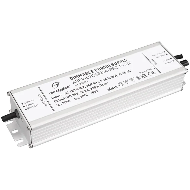 Блок питания ARPV-UH24320A-PFC-0-10V (24V, 13.3A, 320W) (Arlight, IP67 Металл, 7 лет), артикул 026574
