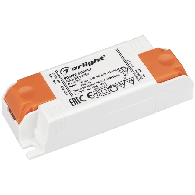 Блок питания ARJ-KE52350 (18W, 350mA, PFC) (Arlight, IP20 Пластик, 5 лет), артикул 027590