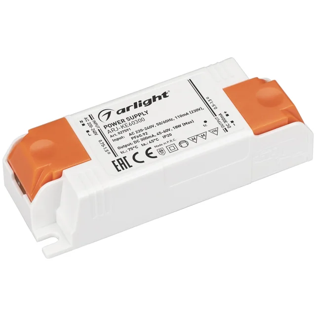 Блок питания ARJ-KE60300 (18W, 300mA, PFC) (Arlight, IP20 Пластик, 5 лет), артикул 027591