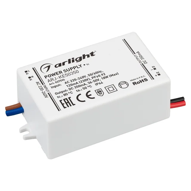 Блок питания ARJ-KE50350 (18W, 350mA, PFC) (Arlight, IP44 Пластик, 5 лет), артикул 027594