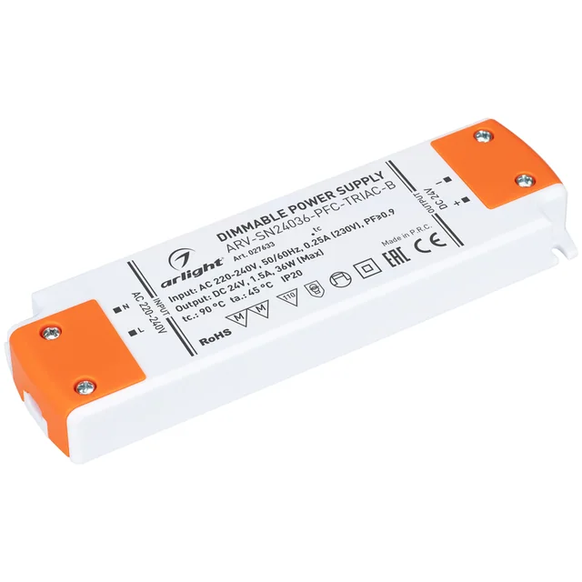 Блок питания ARV-SN24036-PFC-TRIAC-B (24V, 1.5A, 36W) (Arlight, IP20 Пластик, 3 года), артикул 027633