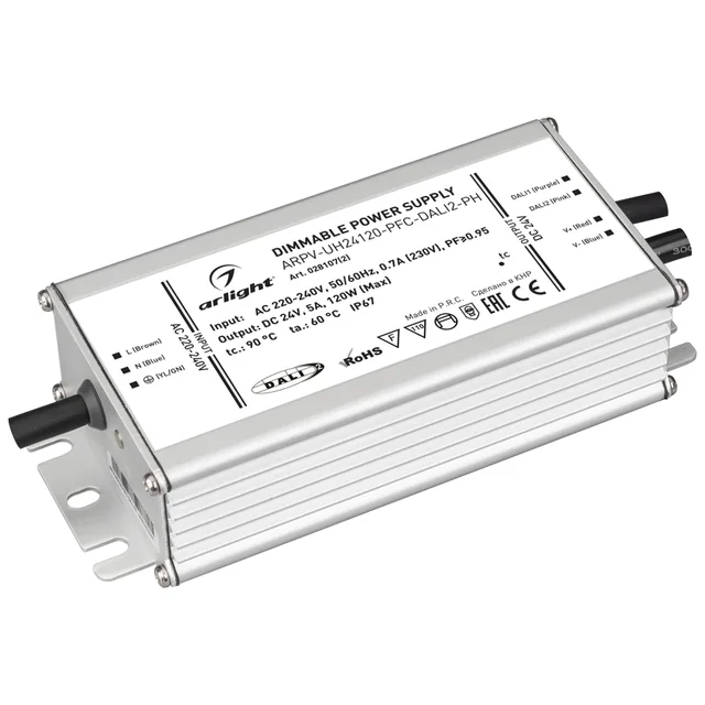 Блок питания ARPV-UH24120-PFC-DALI2-PH (24V, 5.0A, 120W) (Arlight, IP67 Металл, 7 лет), артикул 028107(2)