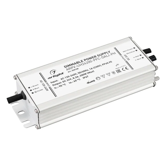 Блок питания ARPV-UH24200-PFC-DALI-PH (24V, 8.3A, 200W) (Arlight, IP67 Металл, 7 лет), артикул 028108