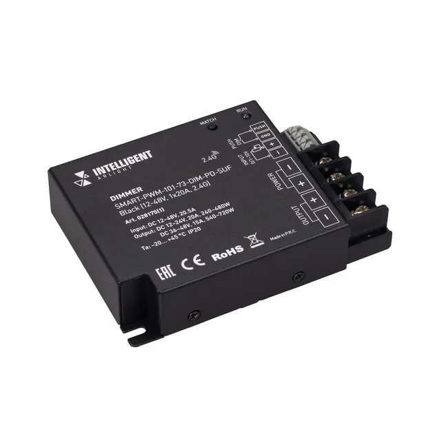 INTELLIGENT ARLIGHT Диммер SMART-PWM-101-73-DIM-PD-SUF Black (12-48V, 1x20A, 2.4G) (IARL, IP20 Металл, 5 лет), артикул 028175(1)