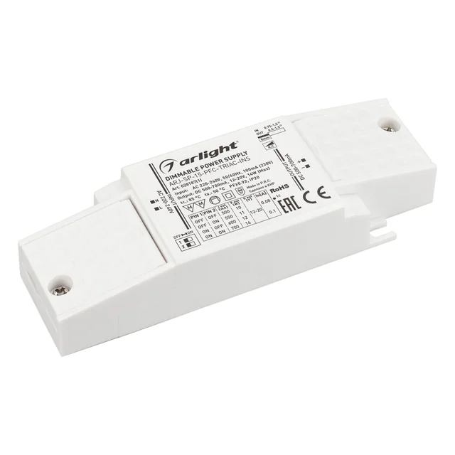 Блок питания ARJ-SP-15-PFC-TRIAC-INS (14W, 12-20V, 0.5-0.7A) (Arlight, IP20 Пластик, 5 лет), артикул 028187(1)