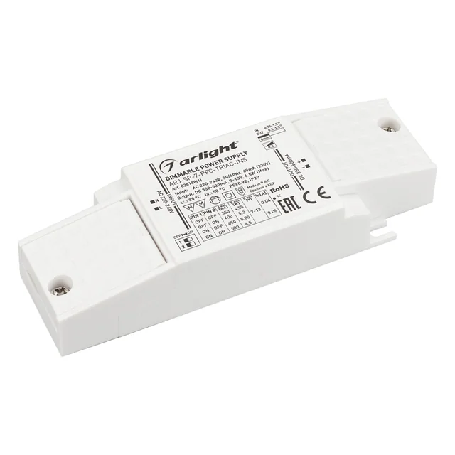 Блок питания ARJ-SP-7-PFC-TRIAC-INS (7W, 7-13V, 0.35-0.5A) (Arlight, IP20 Пластик, 5 лет), артикул 028188(1)