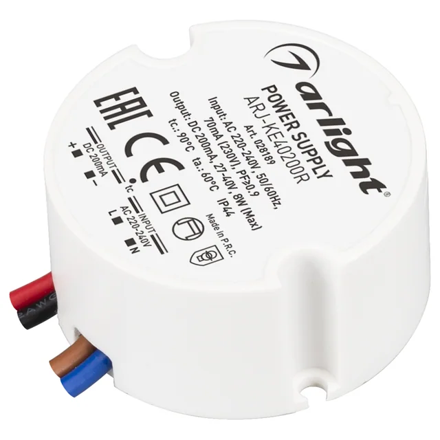 Блок питания ARJ-KE40200R (8W, 200mA, PFC) (Arlight, IP44 Пластик, 5 лет), артикул 028189