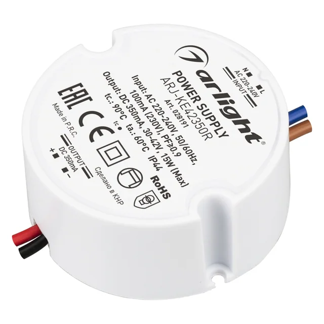 Блок питания ARJ-KE42350R (15W, 350mA, PFC) (Arlight, IP44 Пластик, 5 лет), артикул 028191