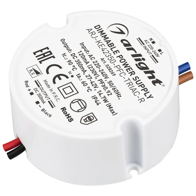 Блок питания ARJ-KE42350-PFC-TRIAC-R (15W, 350mA) (Arlight, IP44 Пластик, 5 лет), артикул 028269