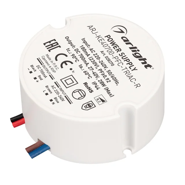 Блок питания ARJ-KE40700-PFC-TRIAC-R (28W, 700mA) (Arlight, IP44 Пластик, 5 лет), артикул 028270