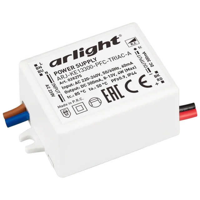 Блок питания ARJ-KE13300-PFC-TRIAC-A (4W, 300mA) (Arlight, IP44 Пластик, 5 лет), артикул 028275