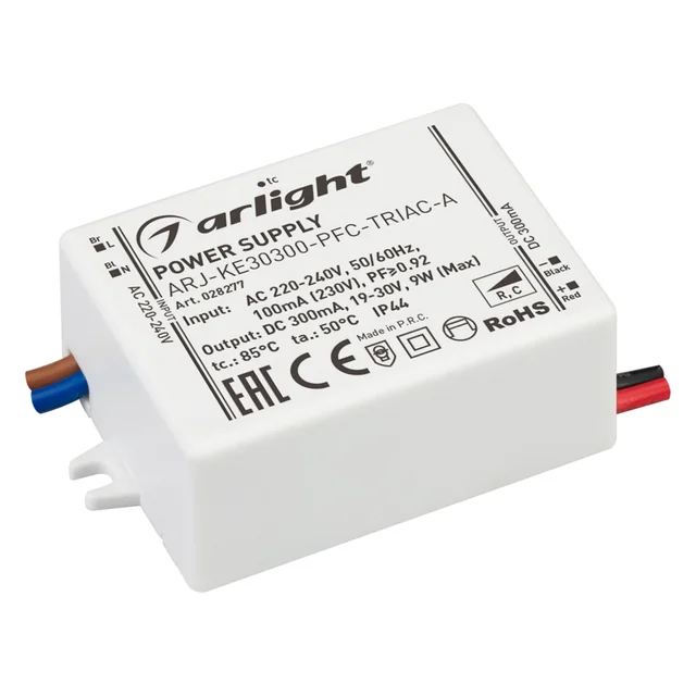 Блок питания ARJ-KE30300-PFC-TRIAC-A (9W, 300mA) (Arlight, IP44 Пластик, 5 лет), артикул 028277