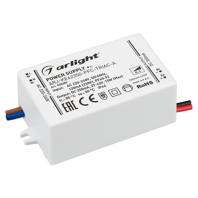 Блок питания ARJ-KE42350-PFC-TRIAC-A (15W, 350mA) (Arlight, IP44 Пластик, 5 лет), артикул 028280