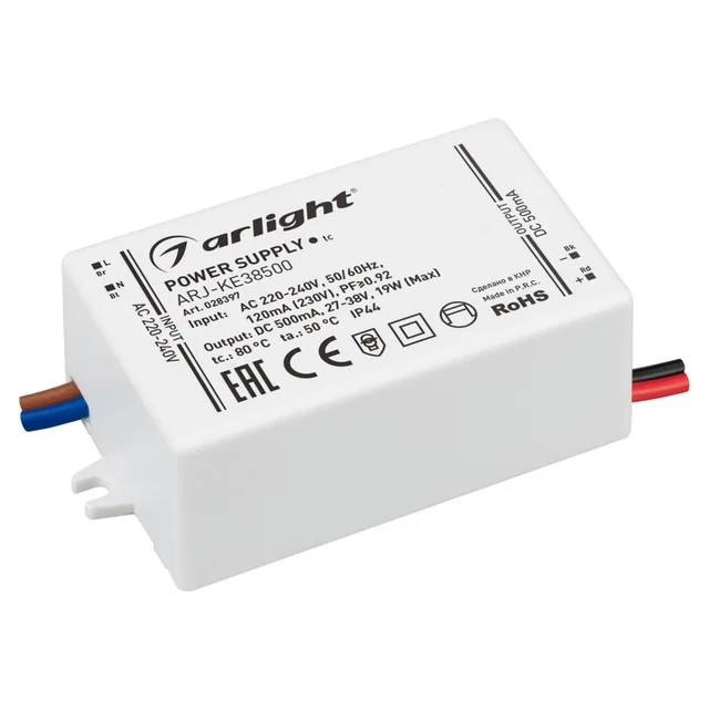 Блок питания ARJ-KE38500 (19W, 500mA, PFC) (Arlight, IP44 Пластик, 5 лет), артикул 028397