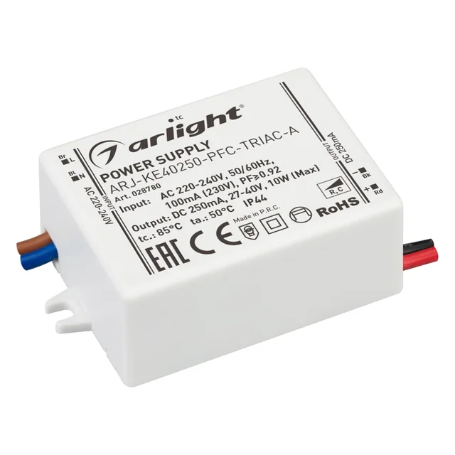 Блок питания ARJ-KE40250-PFC-TRIAC-A (10W, 250mA) (Arlight, IP44 Пластик, 5 лет), артикул 028780