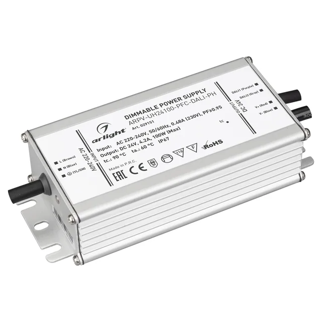 Блок питания ARPV-UH24100-PFC-DALI-PH (24V, 4.2A, 100W) (Arlight, IP67 Металл, 7 лет), артикул 029151