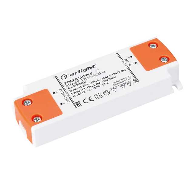 Блок питания ARV-SP-12015-FLAT-B (12V, 1.25A, 15W) (Arlight, IP20 Пластик, 5 лет), артикул 029276(1)