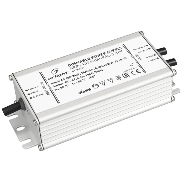 Блок питания ARPV-UH24100-PFC-0-10V (24V, 4.2A, 100W) (Arlight, IP67 Металл, 7 лет), артикул 030284