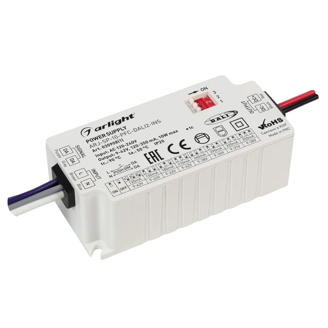 Блок питания ARJ-SP-10-PFC-DALI2-INS (10W, 9-42V, 0.12-0.35A) (Arlight, IP20 Пластик, 5 лет), артикул 030908(1)